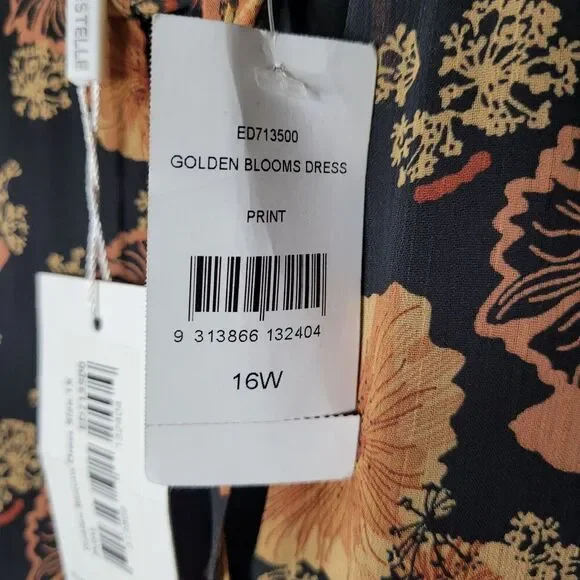 NWT Estelle Womens 1X Golden Blooms Shift Dress Floral Long Sleeve Belted Black - Picture 7 of 12